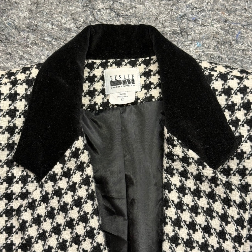 Leslie Fay Sportswear Houndstooth Blazer Black White Velvet Collar Size 12 - Picture 6 of 8
